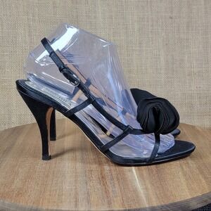 Badgley Mischka Satin Rosette Heels Black Strappy Sandals Women's 8.5M Evening